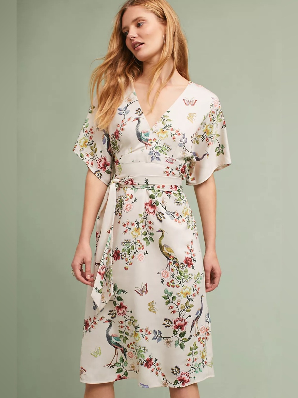 Anthropologie dRA Avian Kimono Midi Dress Size 14 Floral Bird Butterfly Belted